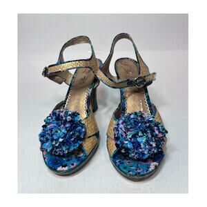 Anthropologie Speak Louder Floral & Straw Heels Ankle Strap Buckle Size 6.5